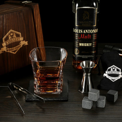 Whiskey Stones & Glasses Set, Granite Ice Cube For Whisky, Whisky Chilling Rocks In Wooden Box, Best Gift For Dad Husband Men