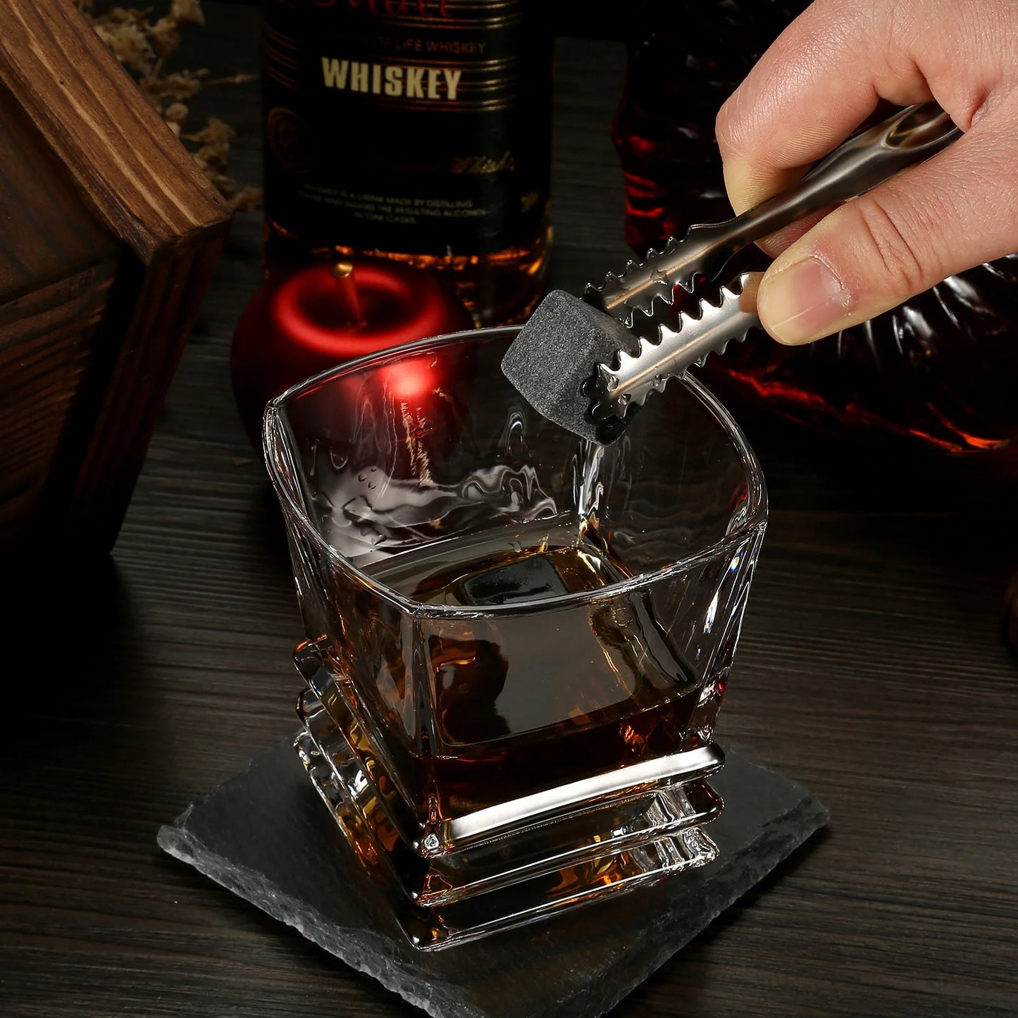 Whiskey Stones & Glasses Set, Granite Ice Cube For Whisky, Whisky Chilling Rocks In Wooden Box, Best Gift For Dad Husband Men